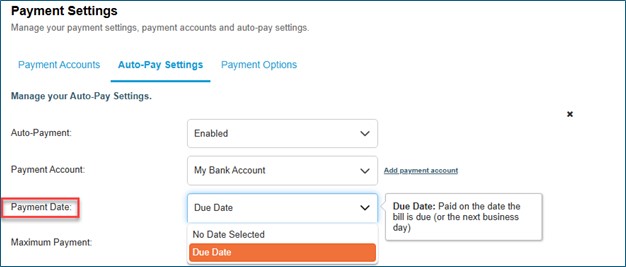 Einvoice Auto-Pay Settings, select Due Date for Payment Date field.