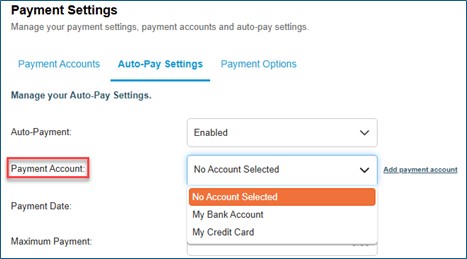 Einvoice Auto-Pay Settings, select payment method for Payment Account field.