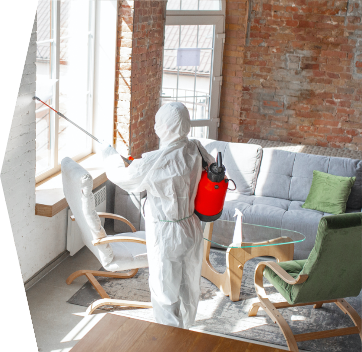 Man in hazmat suit spraying apartment