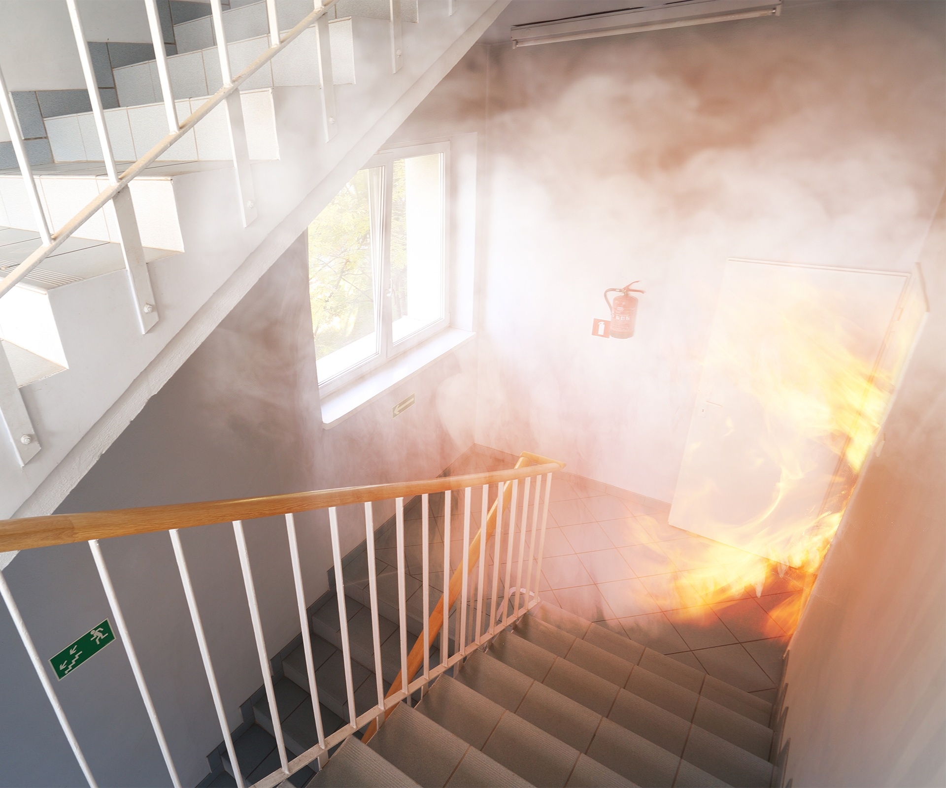 Smoke damage and Fire damage in stairwell