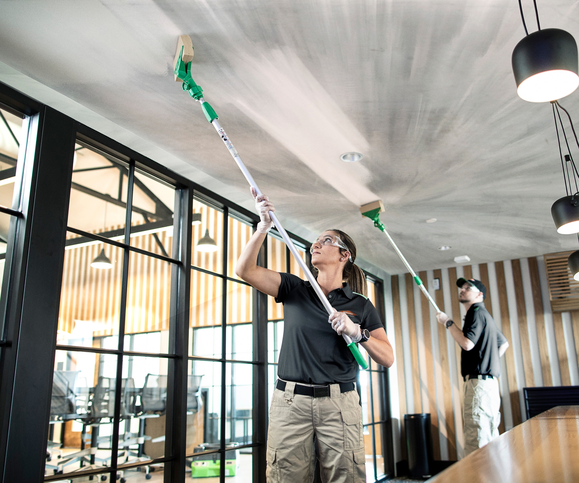 Commercial smoke damage cleanup and soot removal by Servpro team 