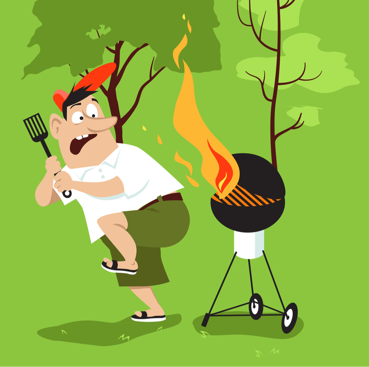 Man jumping from the grill with fire bursting out graphic