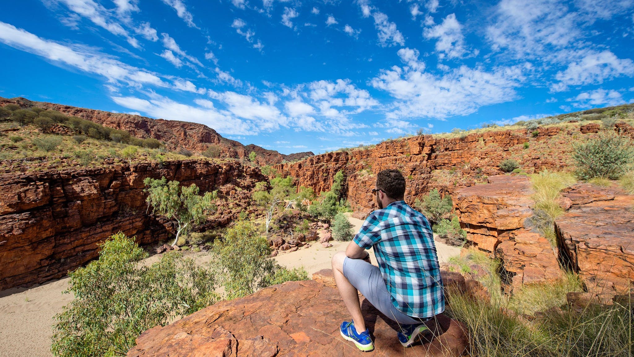 A man looking out over Trephina Gorge in the East MacDonnell Ranges near Alice Springs