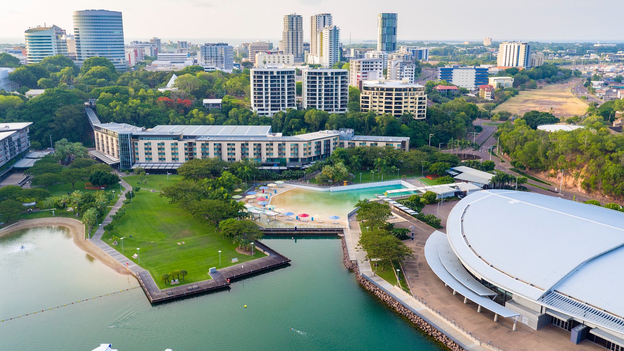Overlooking the Darwin Waterfront  Wavepool and Lagoon and the shopping and dining precinct