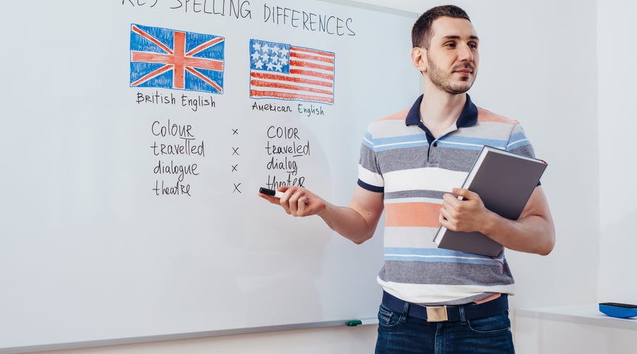 Profesor explicando las imagenes entre ingles britanico y americano.