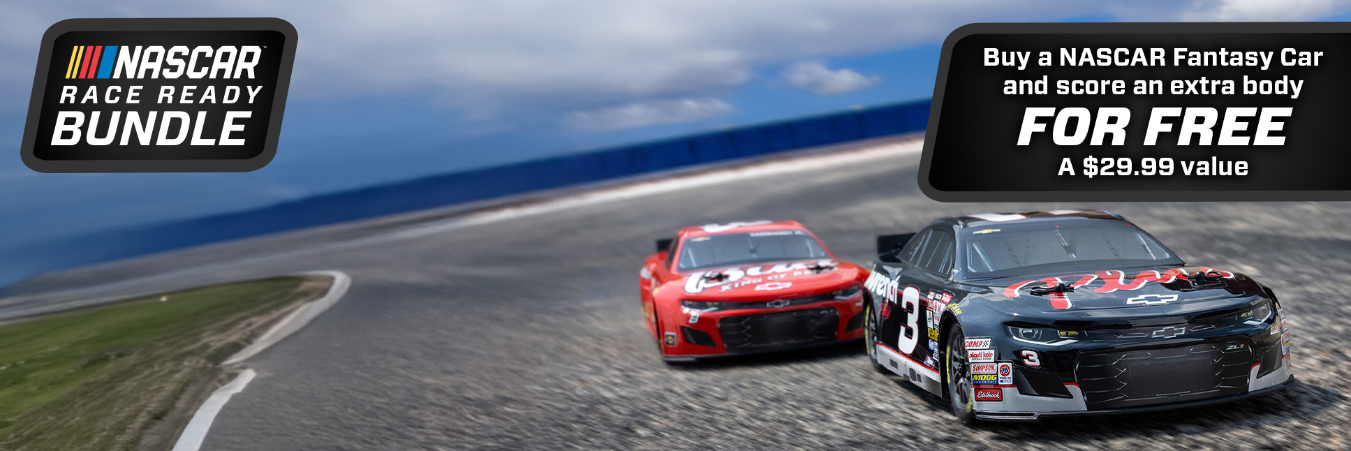 Action shot of the 1/12 NASCAR RC Race Car RCR No. 3 GM Goodwrench Chevrolet ZL1 2S AWD RTR and Dale Earnhardt Jr. No. 8 Budweiser Chevrolet ZL1 2S AWD RTR Brushed On-Road RC Race Cars with Race Ready Bundle Graphic Action shot of the 1/12 NASCAR RC Race Car RCR No. 3 GM Goodwrench Chevrolet ZL1 2S AWD RTR and Dale Earnhardt Jr. No. 8 Budweiser Chevrolet ZL1 2S AWD RTR Brushed On-Road RC Race Cars with Race Ready Bundle Graphic