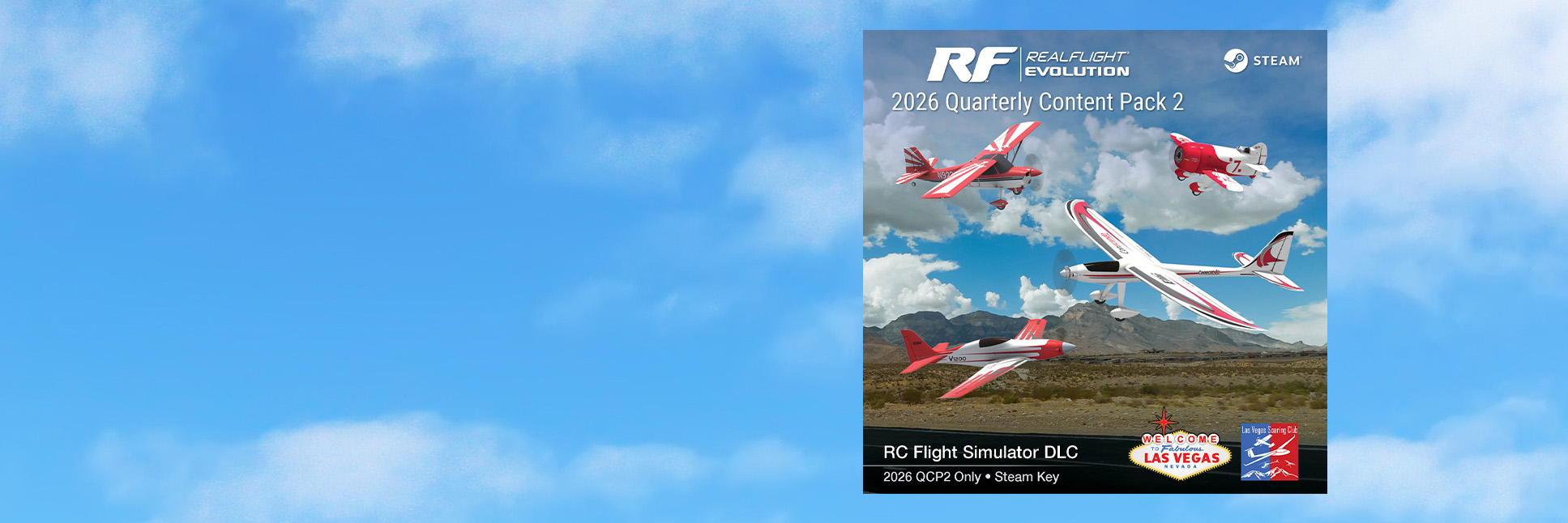 RealFlight Evolution 2026 Quarterly Content Pack 2 on a cloudy blue sky wallpaper background