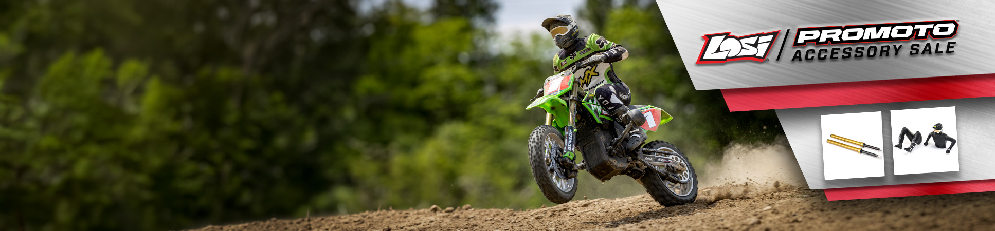 Losi Promoto RC Motorcycle Losi popping a wheel over dirt terrain with the Promoto Accessory Sale Logo