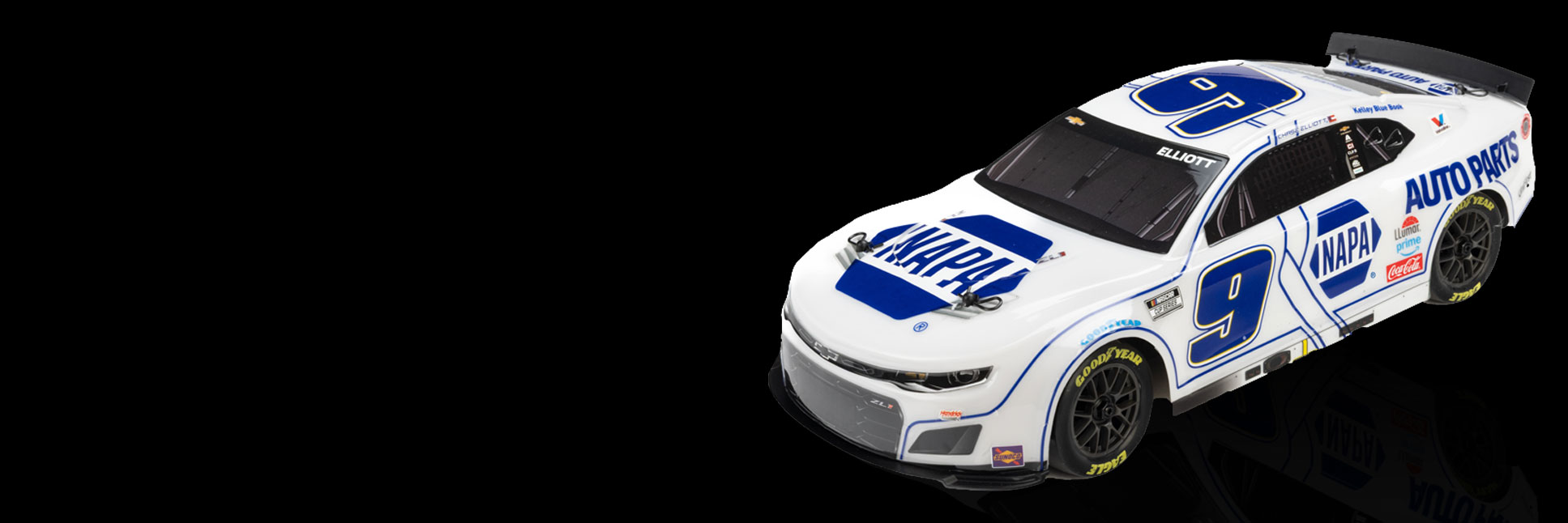 Pro-Line Limited Edition 1/12 Chase Elliott #9 NAPA DIY Clear 2025 Body for the Losi NASCAR RC Race Car on a black background Pro-Line Limited Edition 1/12 Chase Elliott #9 NAPA DIY Clear 2025 Body for the Losi NASCAR RC Race Car on a black background