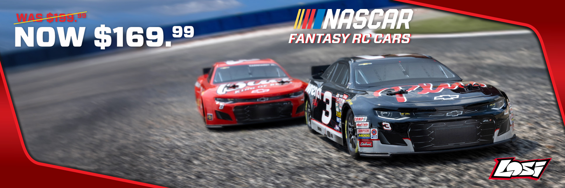 Action shot of the 1/12 NASCAR RC Race Car RCR No. 3 GM Goodwrench Chevrolet ZL1 2S AWD RTR and Dale Earnhardt Jr. No. 8 Budweiser Chevrolet ZL1 2S AWD RTR Brushed On-Road RC Race Cars