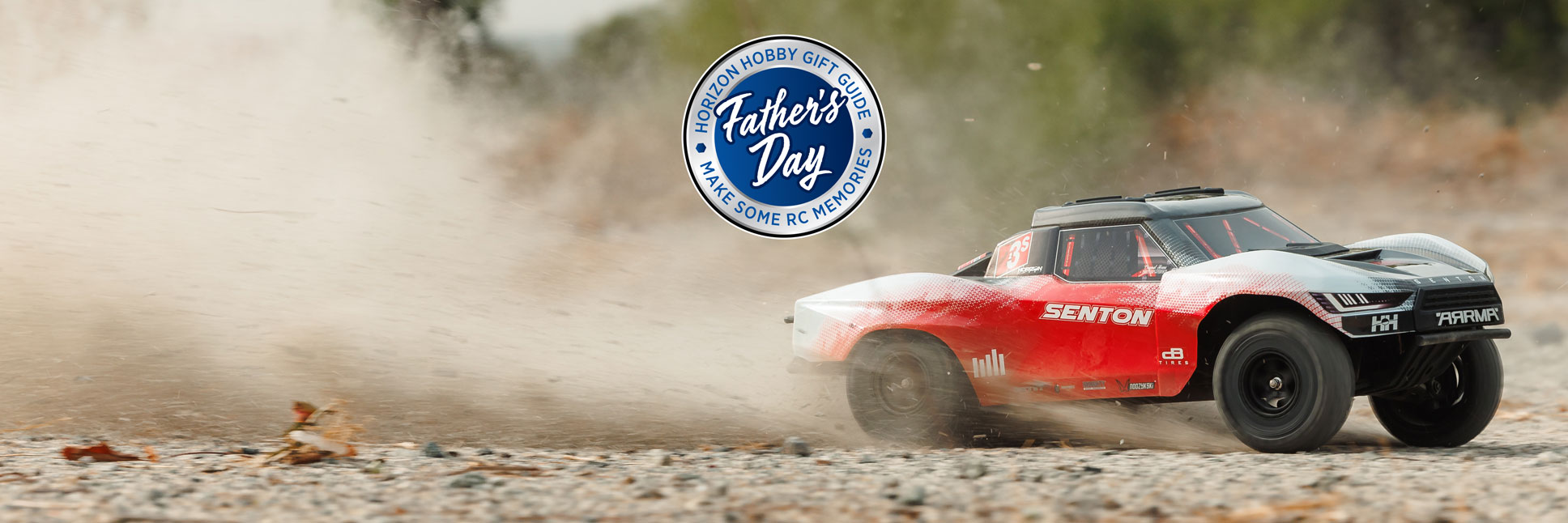 1/10 ARRMA SENTON DSC 223S 4X4 RTR Brushless Short Course RC Truck bashing through dirt terrain with the Horizon Hobby Father's Day Sale logo