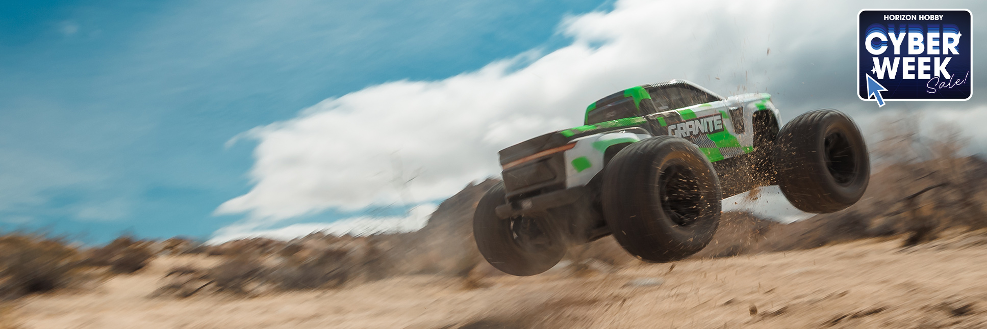 Action shot of the ARRMA 1/10 ARRMA GRANITE MEGA 665 4X4 Brushed RC Monster Truck flying through the air with the Cyber Week Sale Logo Action shot of the ARRMA 1/10 ARRMA GRANITE MEGA 665 4X4 Brushed RC Monster Truck flying through the air with the Cyber Week Sale Logo