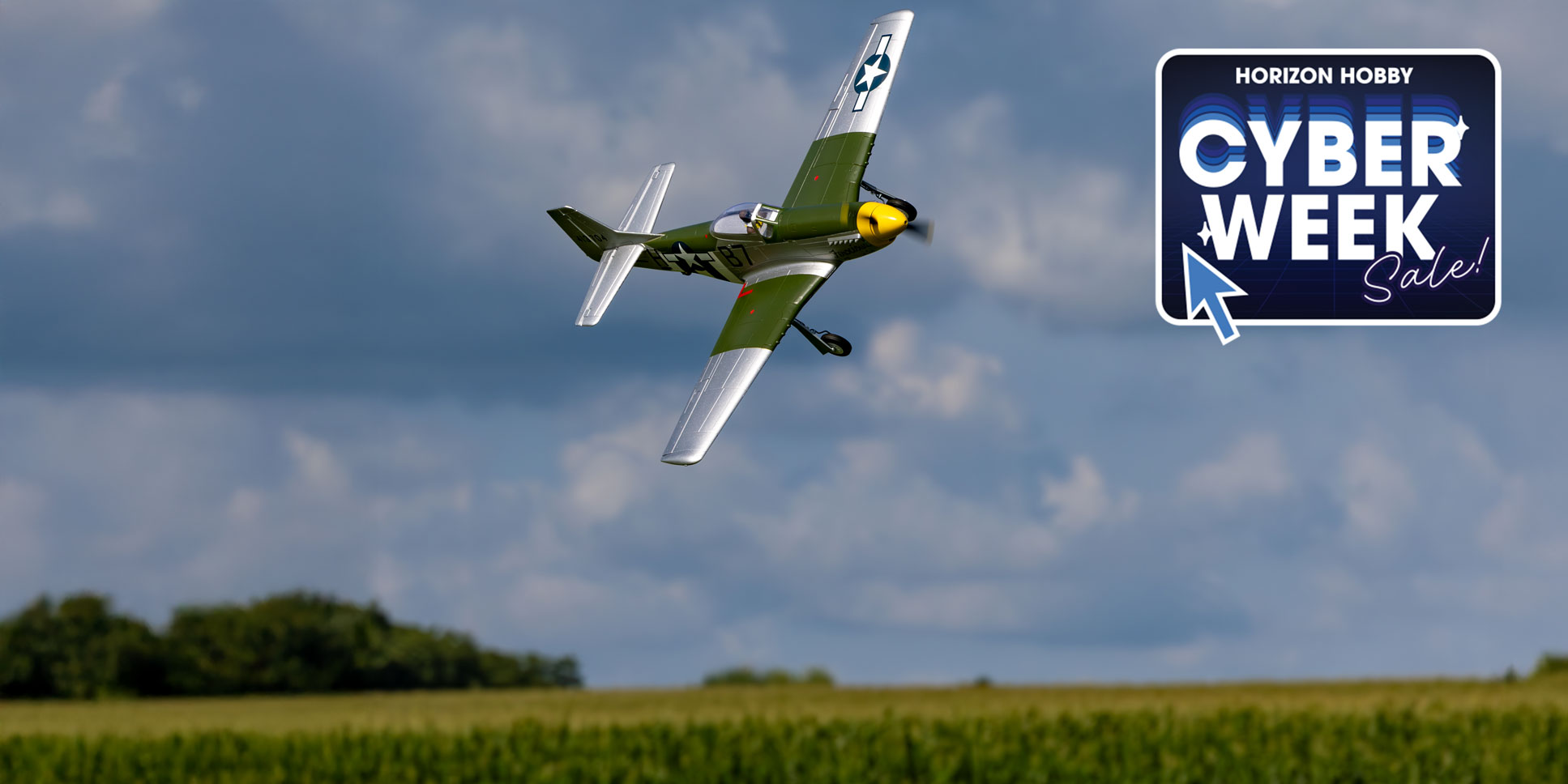 Action shot of the E-flite P-51D Mustang 1.0m BNF Basic with AS3X+ and SAFE Select flying through the air with the Cyber Week logo
