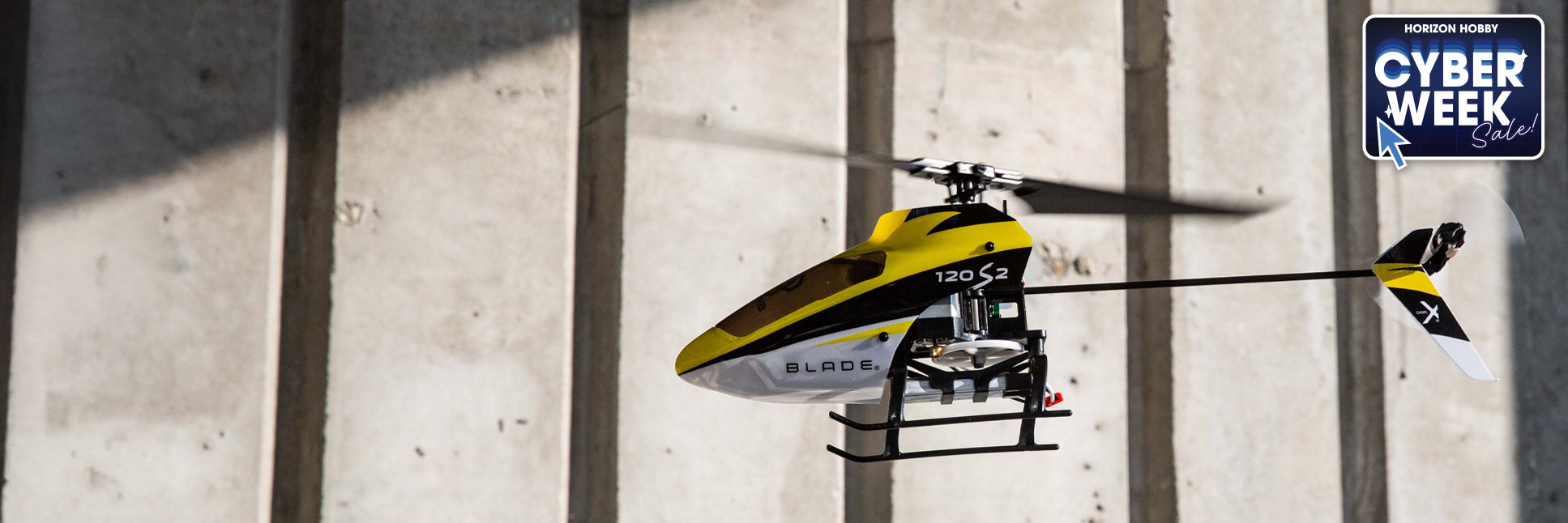 Action shot of the Blade 120 S2 Bind-N-Fly RC Helicopter with SAFE and the Cyber Week Sale Logo Action shot of the Blade 120 S2 Bind-N-Fly RC Helicopter with SAFE and the Cyber Week Sale Logo