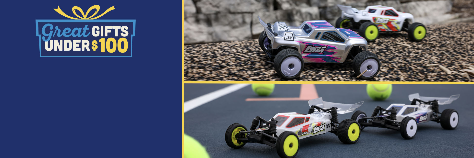 Action shots of the 1/24 Losi Micro-B RC Buggy and 1/28 Micro-T RC Stadium Truck with the Horizon Hobby Great Gifts Under $100 Logo