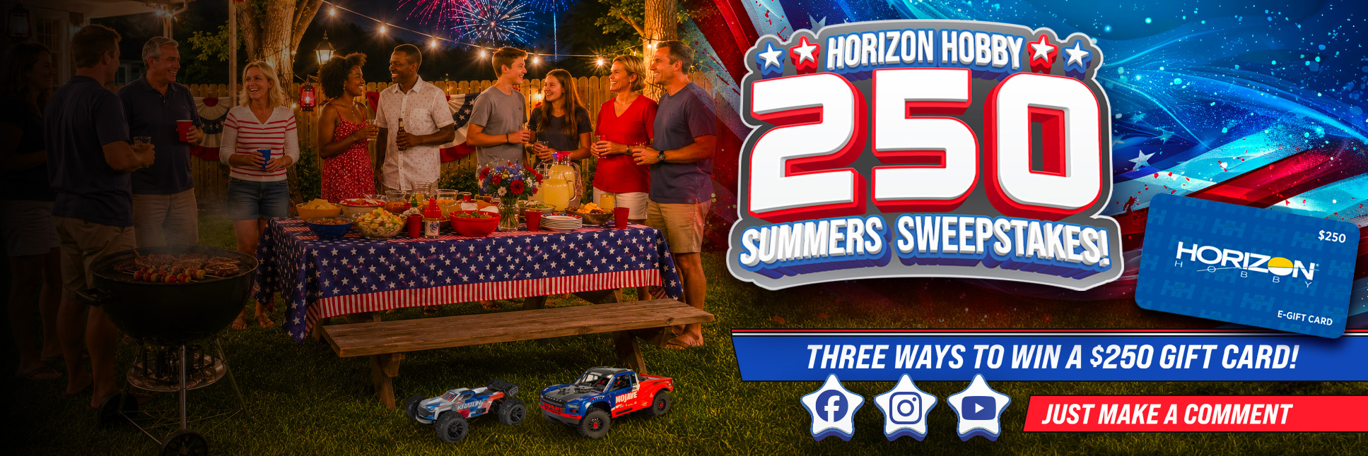 Lifestyle shot of people in a backyard have a cookout with the Horizon Hobby 250 Summer Sweepstakes