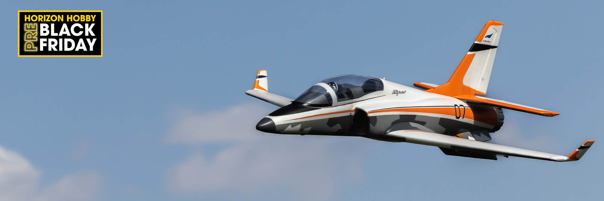 Action Shot of the E-flite Viper 64mm EDF Jet Bind-N-Fly Basic with AS3X+ and SAFE Select RC Jet with the Horizon Hobby Pre-Black Friday Sale Logo Action Shot of the E-flite Viper 64mm EDF Jet Bind-N-Fly Basic with AS3X+ and SAFE Select RC Jet with the Horizon Hobby Pre-Black Friday Sale Logo