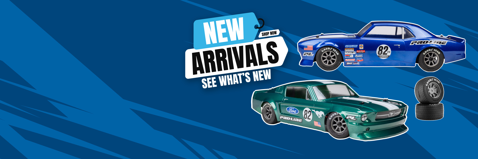 Pro-Line New Releases Graphic with 1968 Chevy Camaro & 1968 Ford Mustang VTA Bodies and Goodyear Blue Streak VTA Tires & Wheels for the Losi NASCAR RC Race Car Pro-Line New Releases Graphic with 1968 Chevy Camaro & 1968 Ford Mustang VTA Bodies and Goodyear Blue Streak VTA Tires & Wheels for the Losi NASCAR RC Race Car