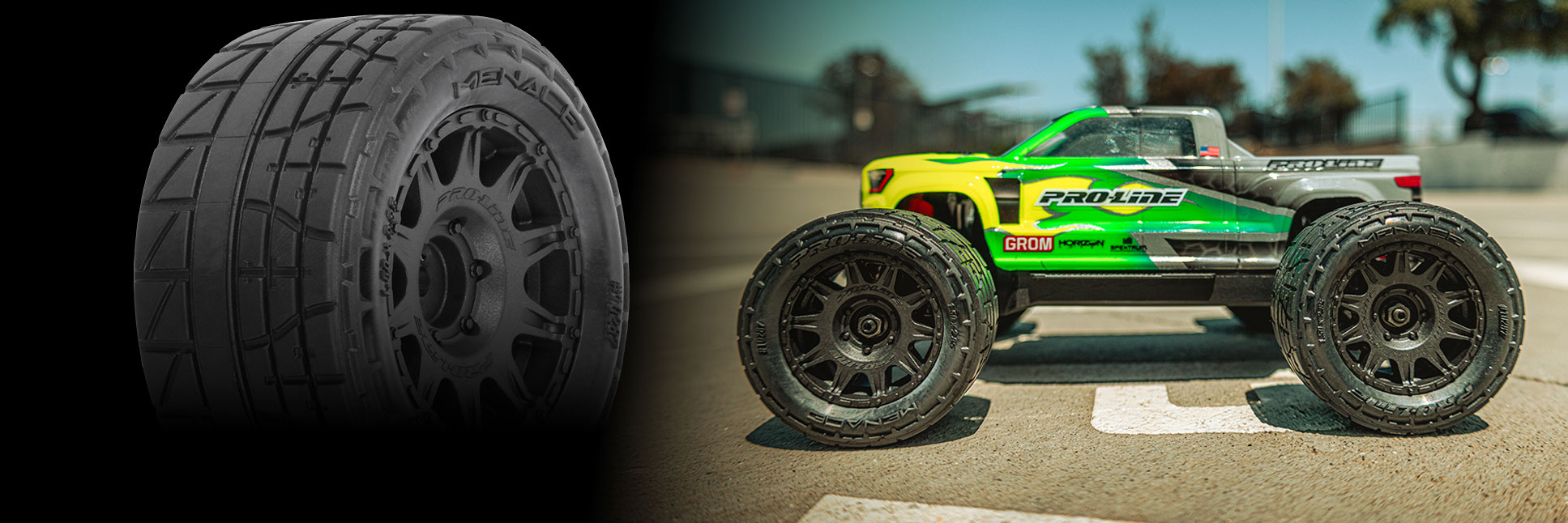 Pro-Line Menace 1.85" Street Tires Mounted on Raid Black Wheels for ARRMA® Granite™ GROM Front and Rear