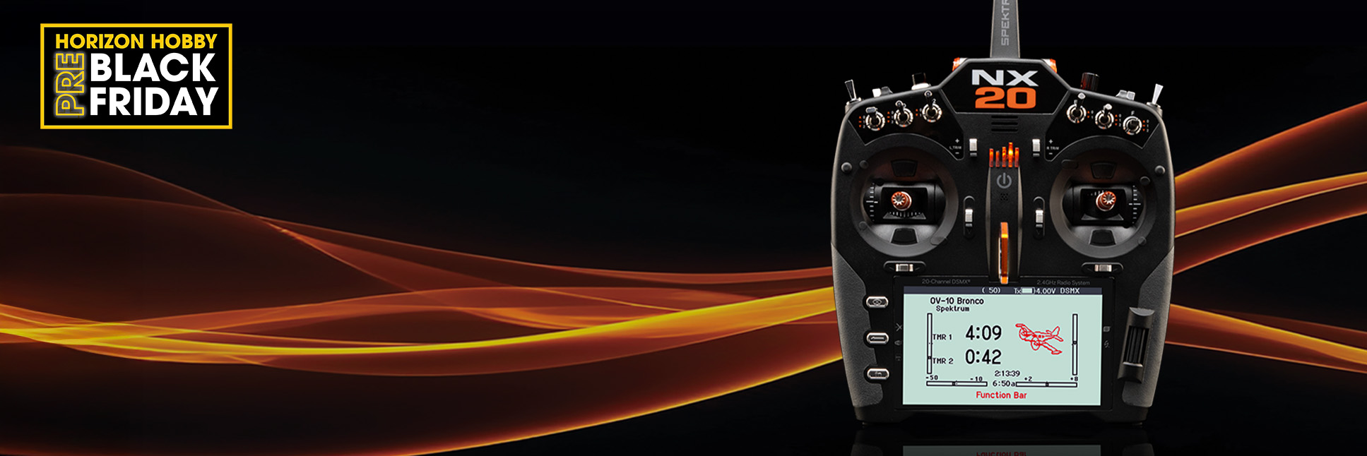 Glamour shot of the Spektrum NX20 20-Channel DSMX RC Aircraft Transmitter on a black background with the Horizon Hobby Pre-Black Friday Logo Glamour shot of the Spektrum NX20 20-Channel DSMX RC Aircraft Transmitter on a black background with the Horizon Hobby Pre-Black Friday Logo