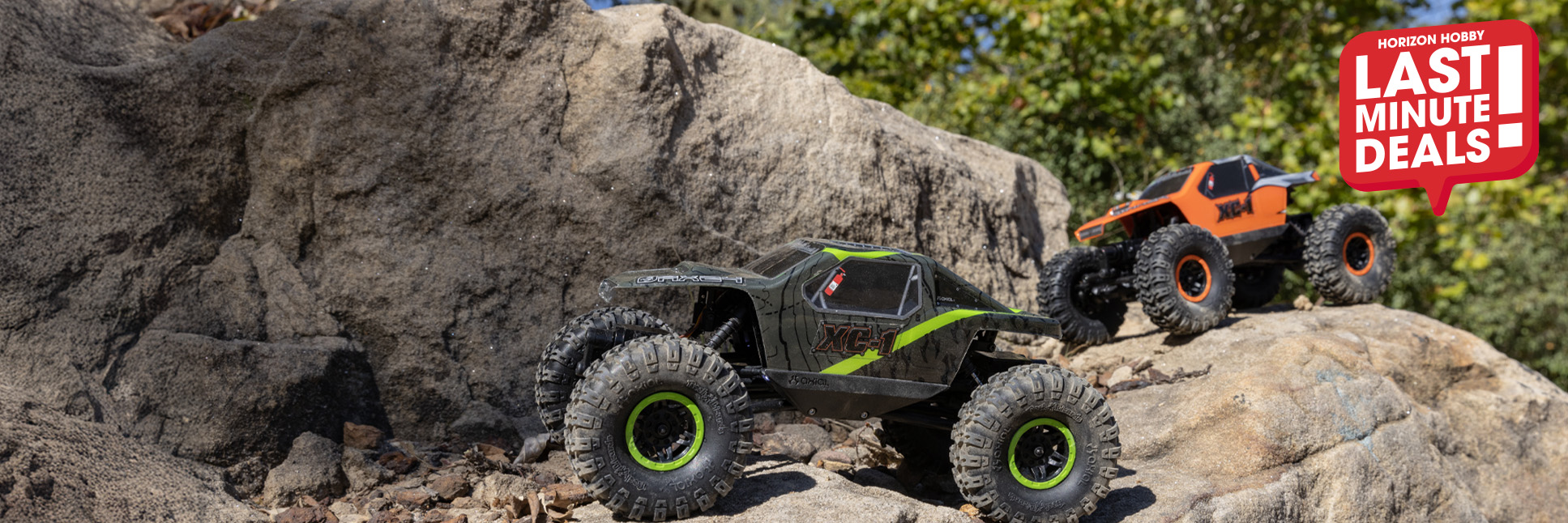 Action shot of the Axial 1/24 AX24 XC-1 4WS 4X4 Ready-To-Run Brushed RC Rock Crawler crawling over rocks with the Last Minute Deals logo