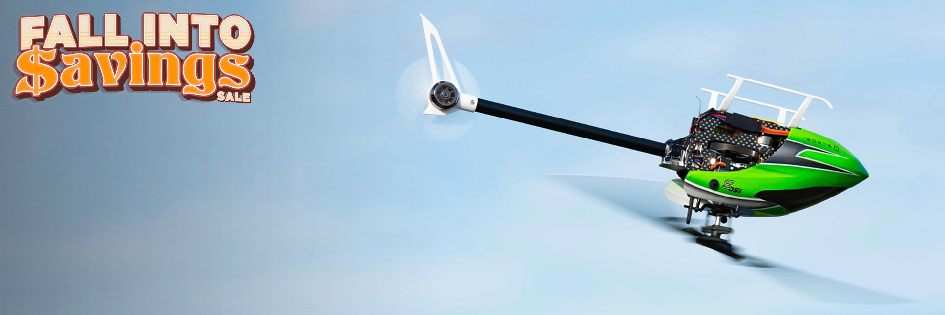 Action Shot of the Blade 150 S Smart Bind-N-Fly Basic RC Helicopter AS3X+ and SAFE Select flying upside down with the Fall Into Savings Sale Logo