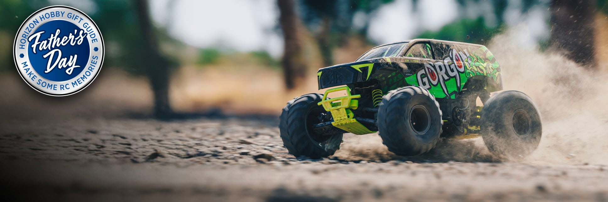 Action shot of ARRMA 1/10 GORGON 2WD Ready-to-Run Brushed RC Monster Truck with Horizon Hobby Father's Day 2025 Logo