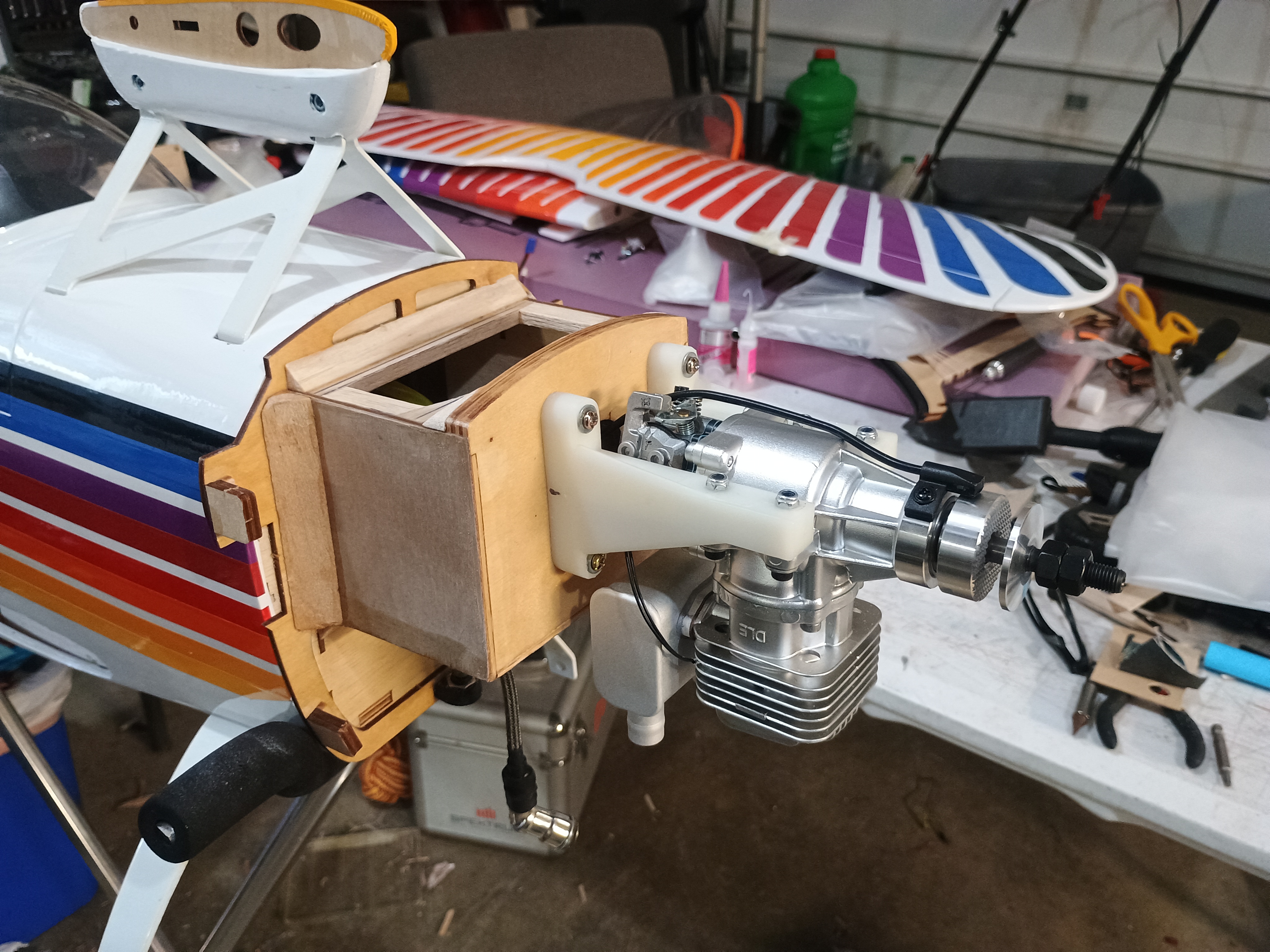 A modern gas engine in an RC airplane up close A modern gas engine in an RC airplane up close