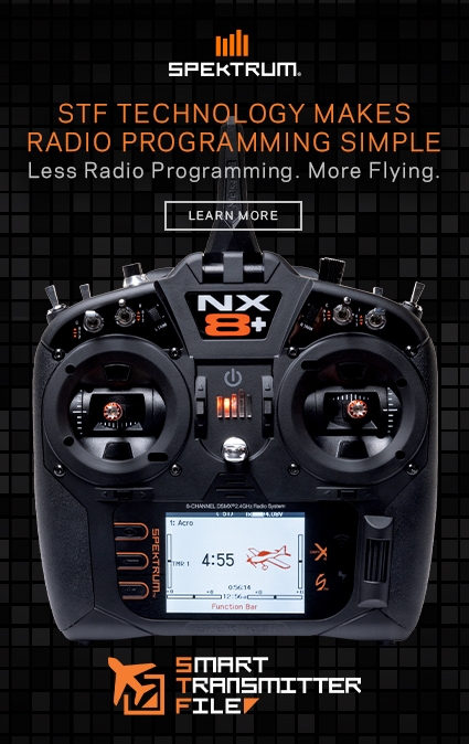 Smart Transmitter File (STF) automates radio transmitter programming. Learn how pilots, with a push of a button, can program settings directly into radio controllers. Spektrum STF Smart Transmitter File Graphic featuring the NX8+ 20-channel transmitter