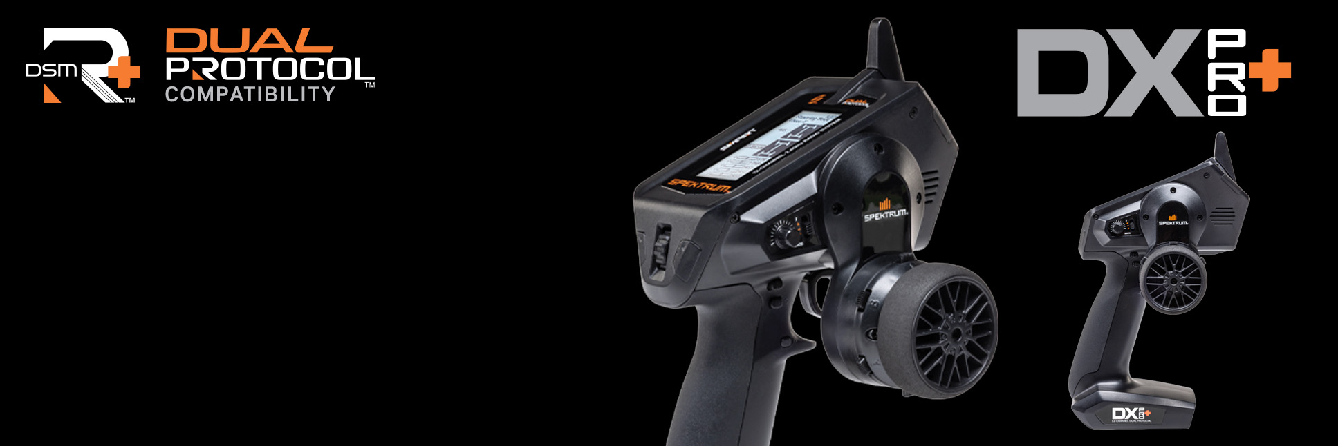 Glamour shot Spektrum DX Pro+ 12-Channel DSMR+ Transmitter on a black background with the DSMR+ and Dual Protocol Logo Glamour shot Spektrum DX Pro+ 12-Channel DSMR+ Transmitter on a black background with the DSMR+ and Dual Protocol Logo