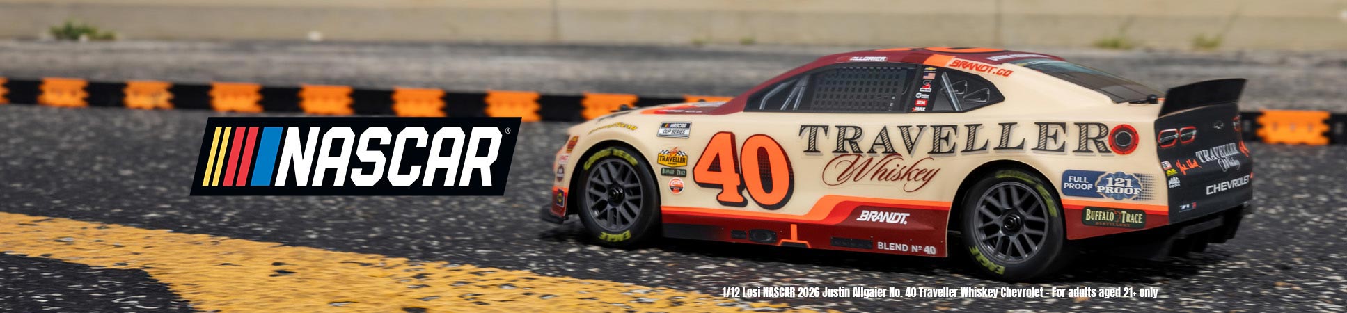 Losi NASCAR, RC car Action shot of the 1/12 Losi NASCAR 2026 Justin Allgaier No. 40 Traveller Whiskey Chevrolet Ready-To-Run RC car