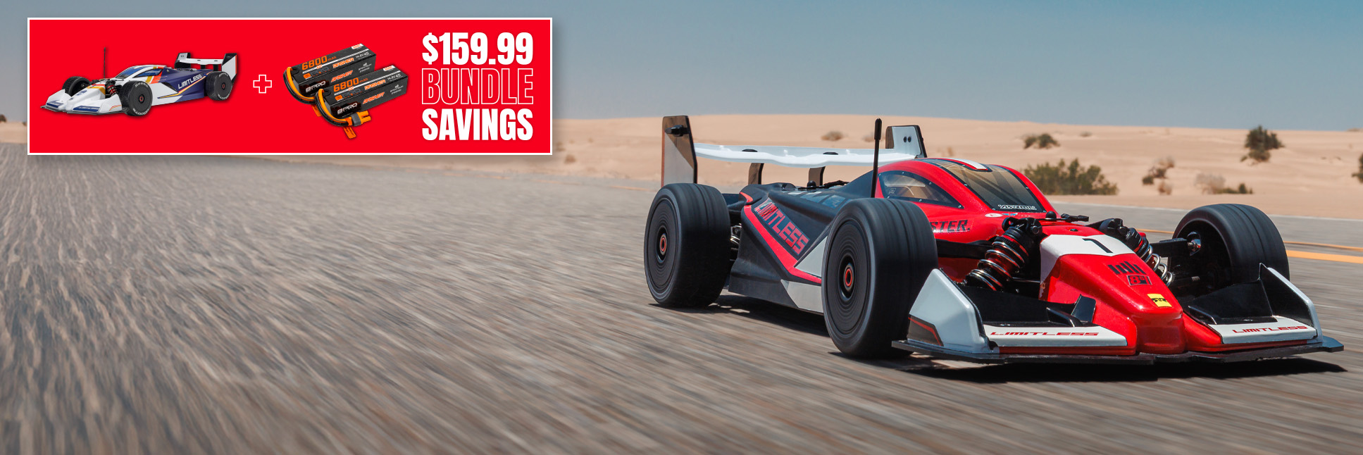 ARRMA 1/7 LIMITLESS 120 8S AVC 4X4 Ready-To-Run RC Speed Machine (2 Batteries Included) racing on blacktop ARRMA 1/7 LIMITLESS 120 8S AVC 4X4 Ready-To-Run RC Speed Machine (2 Batteries Included) racing on blacktop
