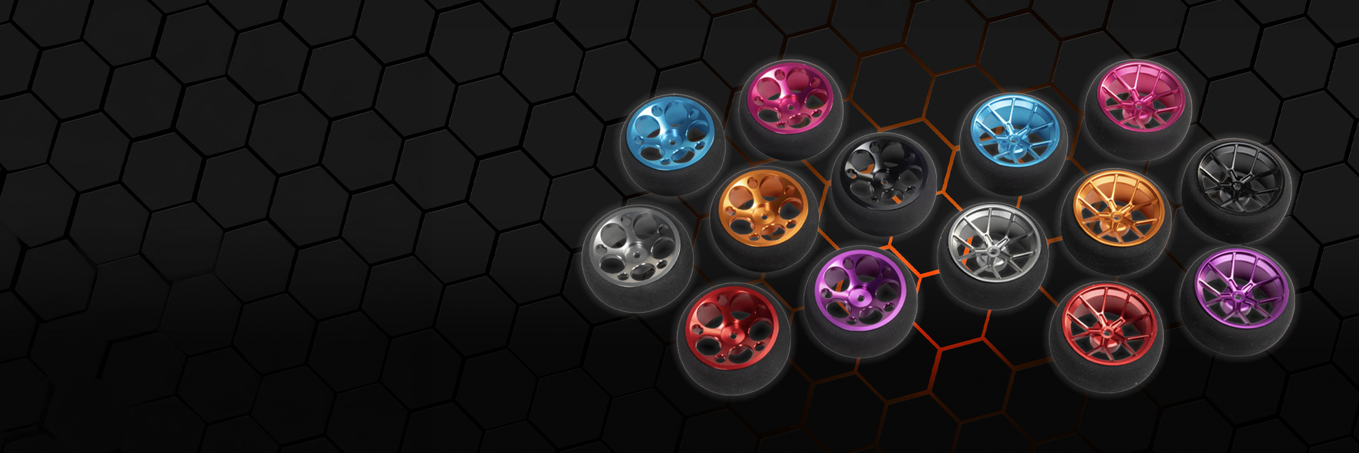 Spektrum Aluminum Transmitter Steering Wheel Family shot with every color and style on a black hex pattern background
