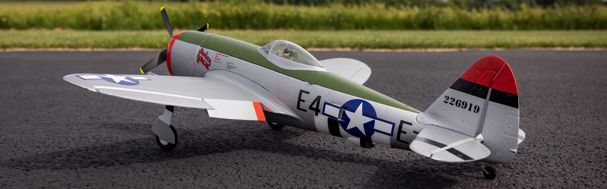 Order the E-flite Micro P-47 Thunderbolt 625mm RC Warbird Now! Action shot of the E-flite Micro P-47 Thunderbolt 625mm on a tarmac