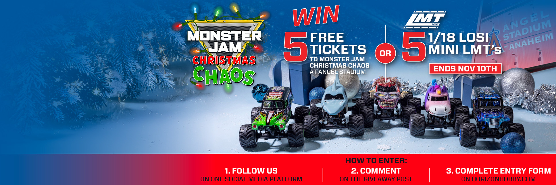 Group shot of the 1/18 Losi Mini LMT, Megalodon, Zombie, and Sparkle Smash with the Horizon Hobby Monster Jam Christmas Chaos Sweepstakes logo Group shot of the 1/18 Losi Mini LMT, Megalodon, Zombie, and Sparkle Smash with the Horizon Hobby Monster Jam Christmas Chaos Sweepstakes logo