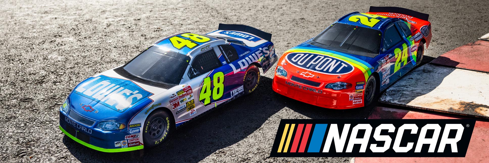 Losi NASCAR, RC car Action shot of the 1/12 NASCAR RC Racecar Jeff Gordon No. 24 Dupont Chevrolet Monte Carlo and Jimmie Johnson No. 48 Lowes Chevrolet Monte Carlo Ready-To-Run RC car