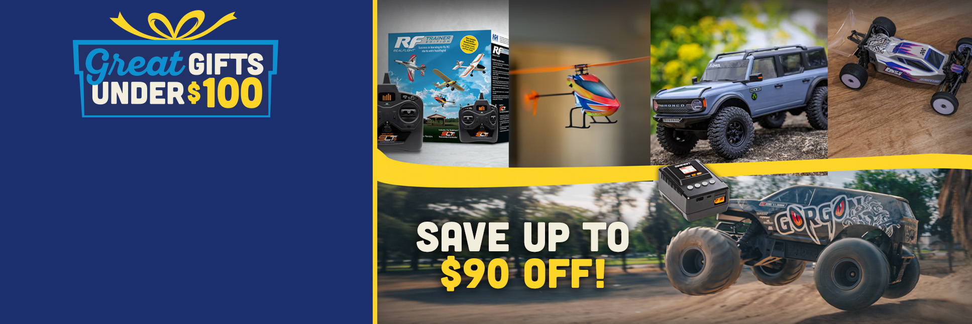 Action shots of the 1/24 Losi Micro-B RC Buggy, Blade Revolution 90 FP RC helicopter, 1/10 ARRMA GORGON, and RealFlight Trainer Edition RC Flight Simulator with SLT6 Transmitter/Controller with the Horizon Hobby Great Gifts Under $100 Logo