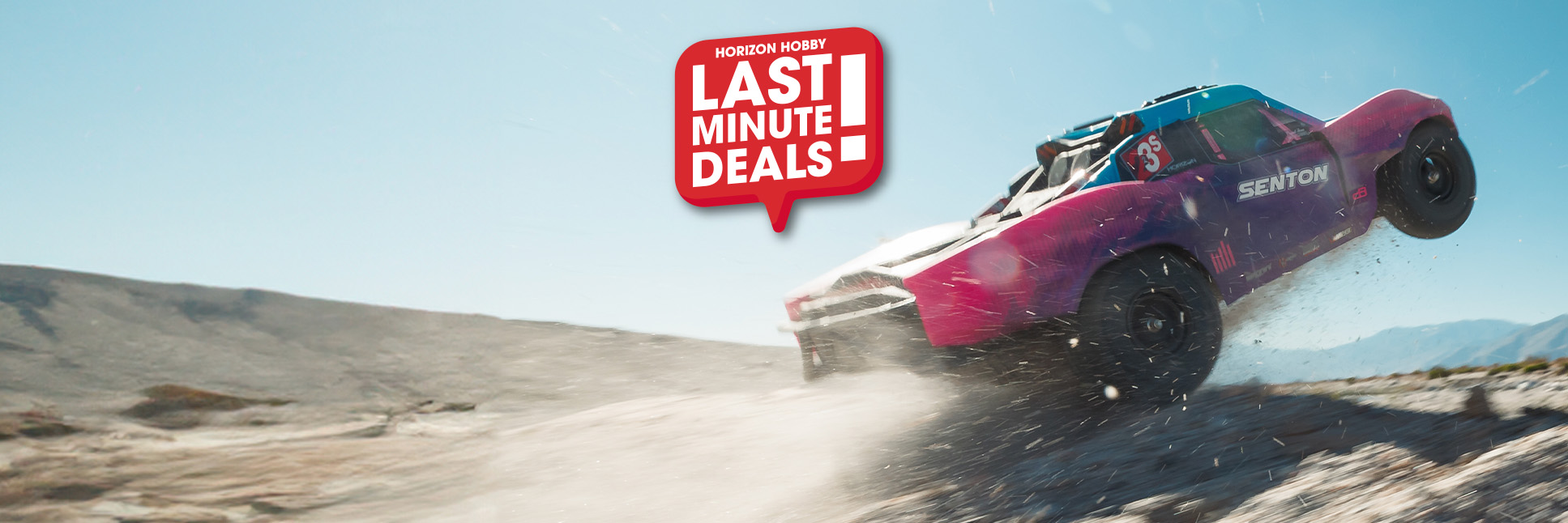 Action shot of the ARRMA 1/10 SENTON 223S DSC 4X4 Ready-to-Run Brushless Short Course RC Truck with the Last Minute Deals Logo