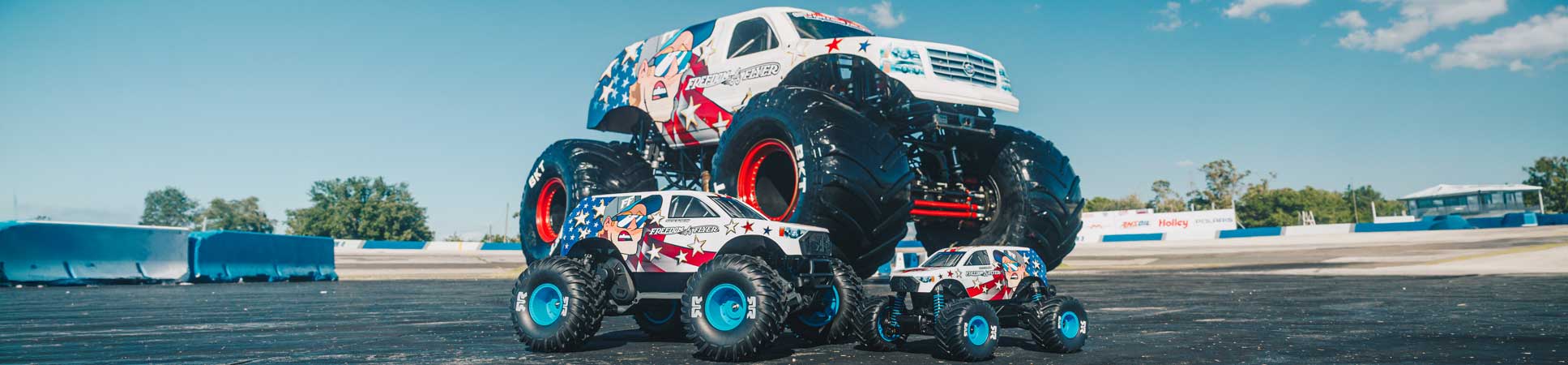 ARRMA FREEDOM FLYER RC Monster trucks family shot with the 1/10 and 1/16 scale ARRMA FREEDOM FLYER RC Monster trucks family shot with the 1/10 and 1/16 scale