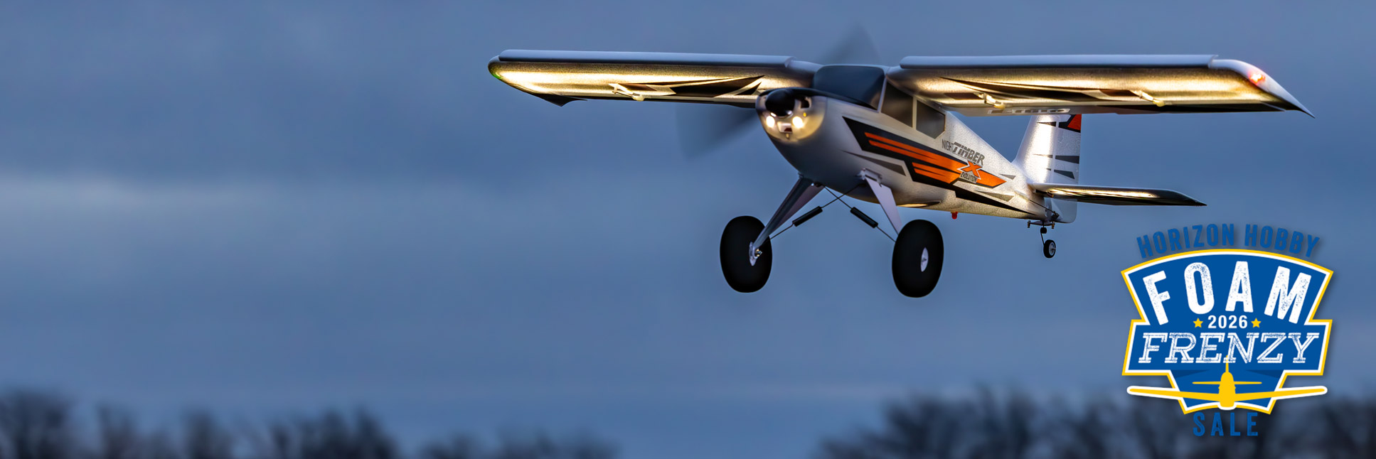 Horizon Hobby Foam Frenzy Sale Graphic with the E-flite Night Timber X Evolution 1.2m Bind-N-Fly Basic RC Airplane with AS3X+ and SAFE Select