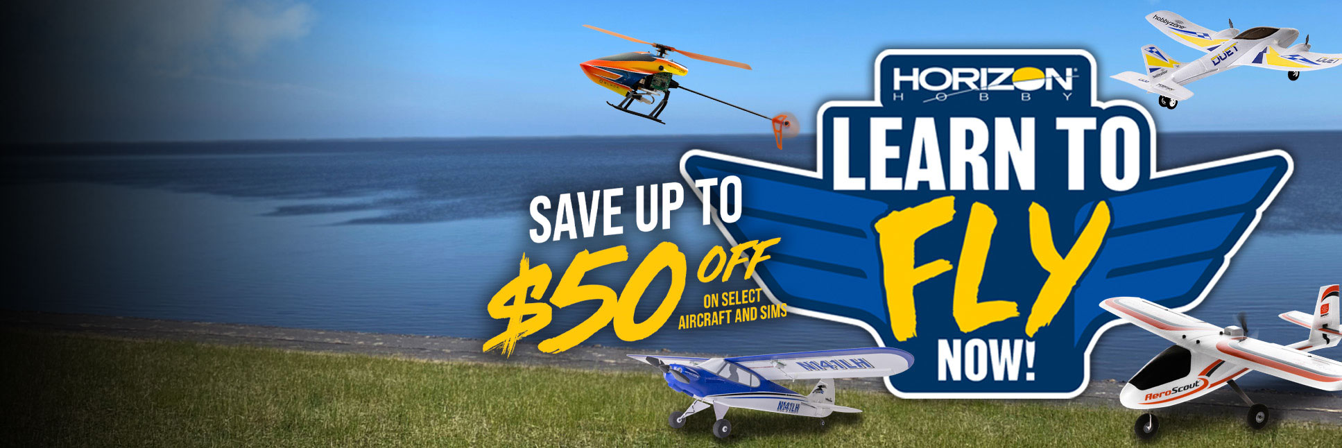 Action shot of a group of aircraft and a helicopter with the Horizon Hobby Learn to Fly Now logo