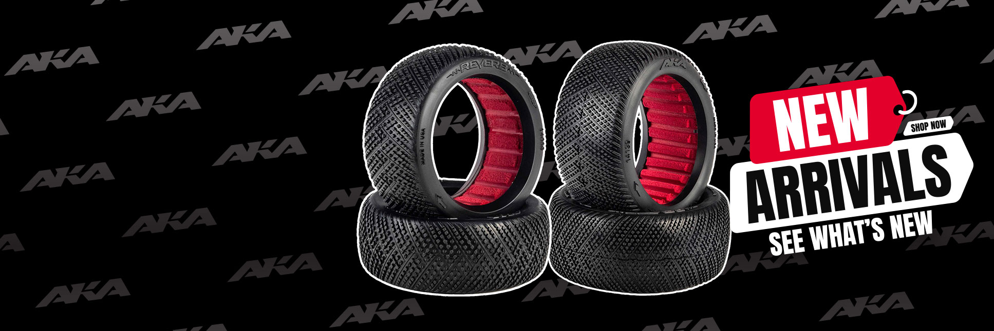 Glamour shot of the AKA PRODUCTS Reverb Off-Road Tires with the AKA PRODUCTS wallpaper background with the new arrivals logo Glamour shot of the AKA PRODUCTS Reverb Off-Road Tires with the AKA PRODUCTS wallpaper background with the new arrivals logo
