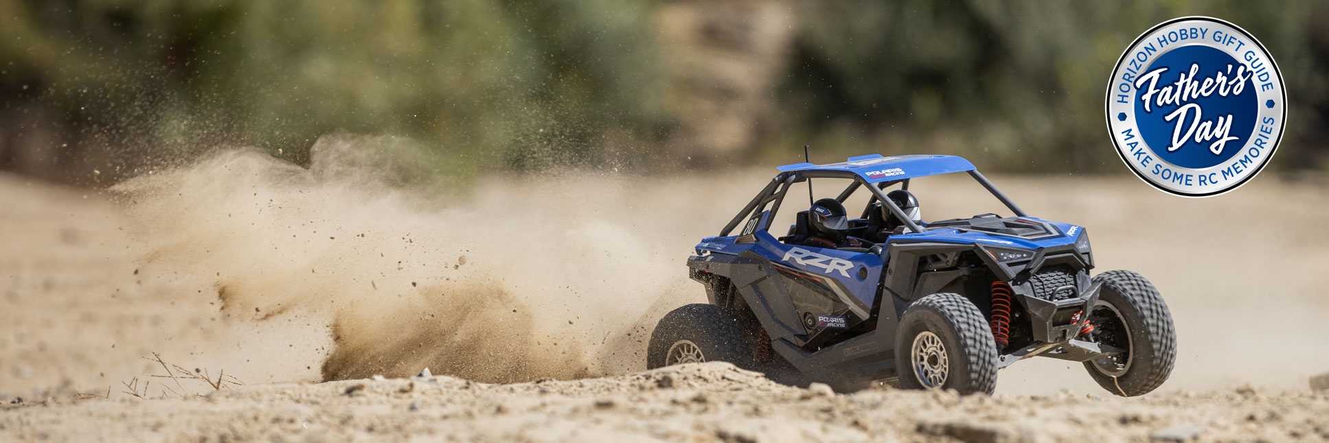 Axial 1/10 Losi RZR Rey Ready-to-Run RC Brushless Side by Side racing through dirt terrain with the Horizon Hobby Father's Day Sale logo Axial 1/10 Losi RZR Rey Ready-to-Run RC Brushless Side by Side racing through dirt terrain with the Horizon Hobby Father's Day Sale logo