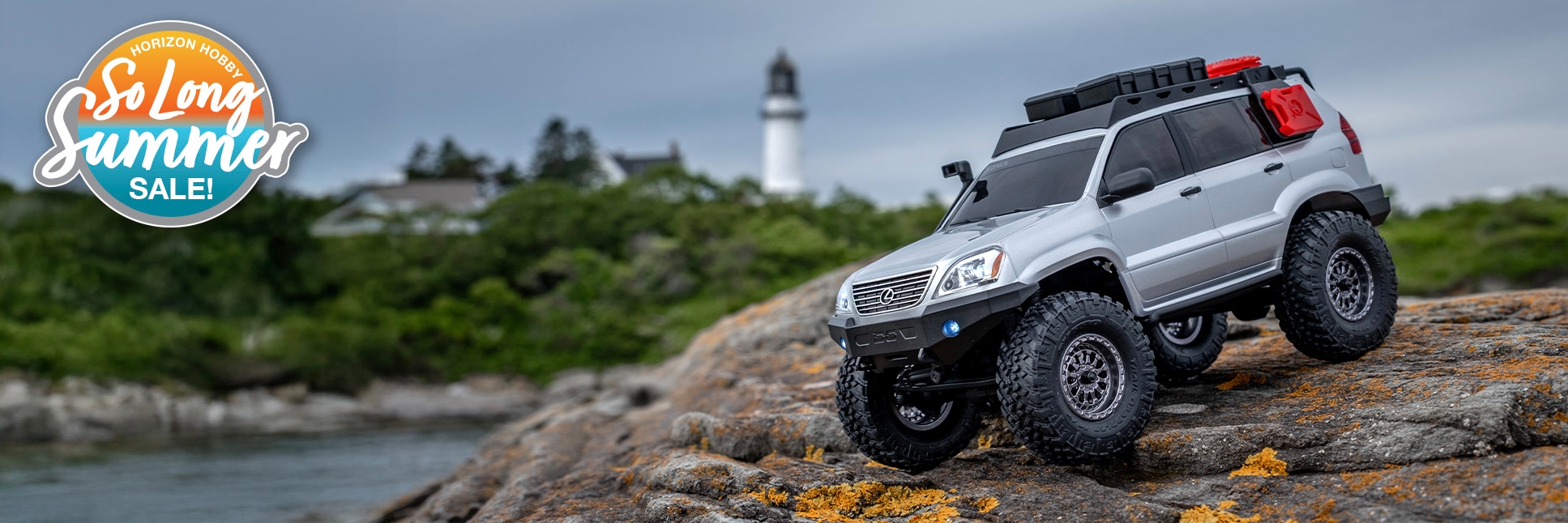 Glamour shot of Axial 1/24 SCX24 Lexus GX 470 4X4 Ready-to-Run Brushed RC Rock Crawler with Horizon Hobby So Long Summer 2025 Logo Glamour shot of Axial 1/24 SCX24 Lexus GX 470 4X4 Ready-to-Run Brushed RC Rock Crawler with Horizon Hobby So Long Summer 2025 Logo