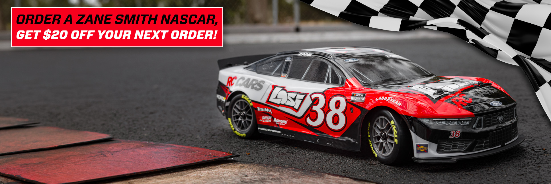 Action shot of the 1/12 NASCAR RC Race Car Zane Smith No. 38 2026 Losi Ford Mustang 2S AWD Ready-To-Run Brushed On-Road Action shot of the 1/12 NASCAR RC Race Car Zane Smith No. 38 2026 Losi Ford Mustang 2S AWD Ready-To-Run Brushed On-Road