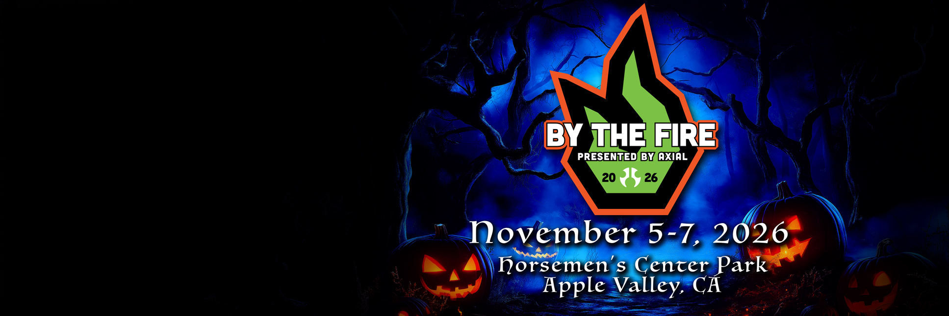 By The Fire banner on a Halloween background