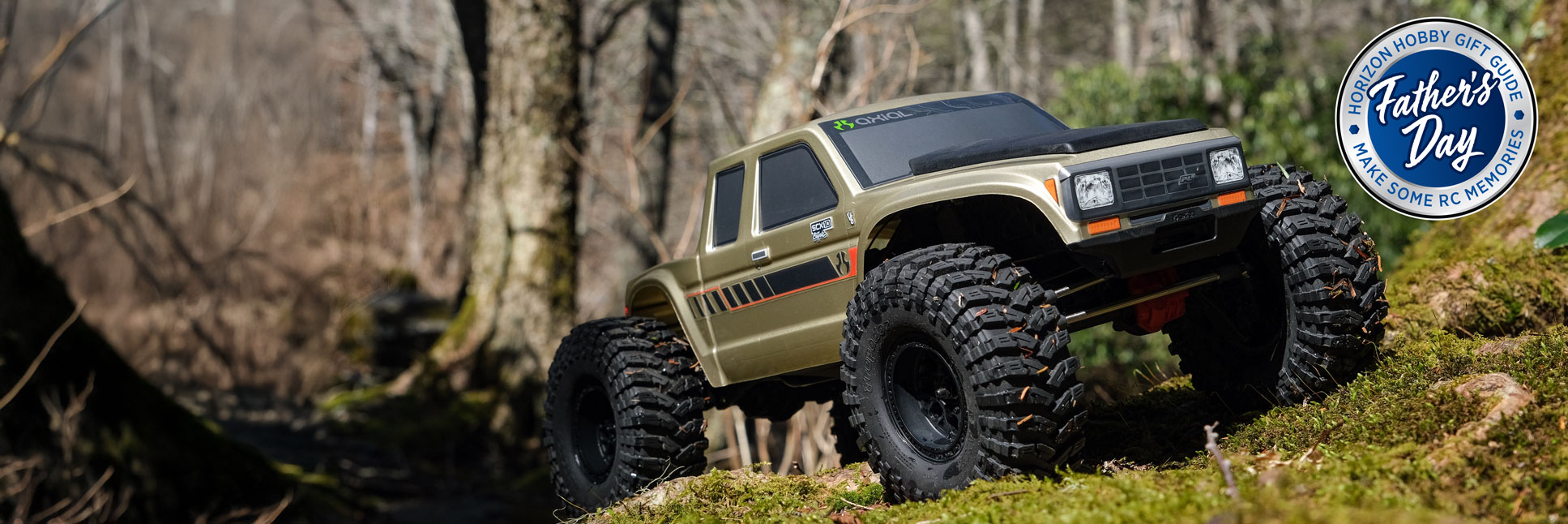 Axial 1/10 SCX10 III Coyote 4X4 Ready-To-Run RC Rock Crawler climbing a mossy boulders with the Horizon Hobby Father's Day Sale logo Axial 1/10 SCX10 III Coyote 4X4 Ready-To-Run RC Rock Crawler climbing a mossy boulders with the Horizon Hobby Father's Day Sale logo
