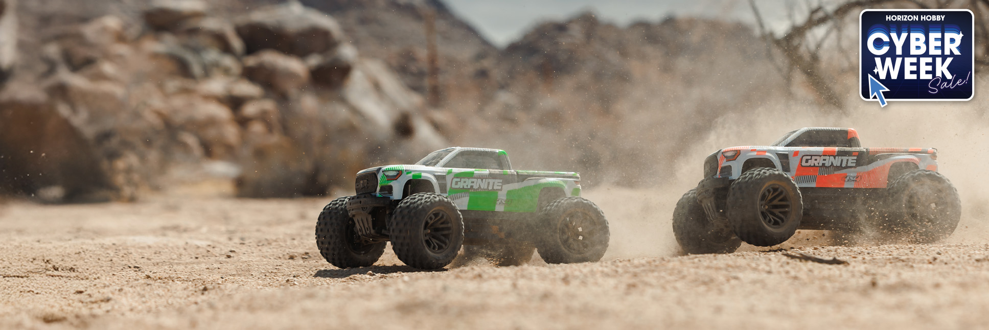 ARRMA 1/10 GRANITE 4X4 Ready-to-Run Brushed RC Monster Truck bashing through desert terrain and leaving a plume of dust with the Cyber Week logo