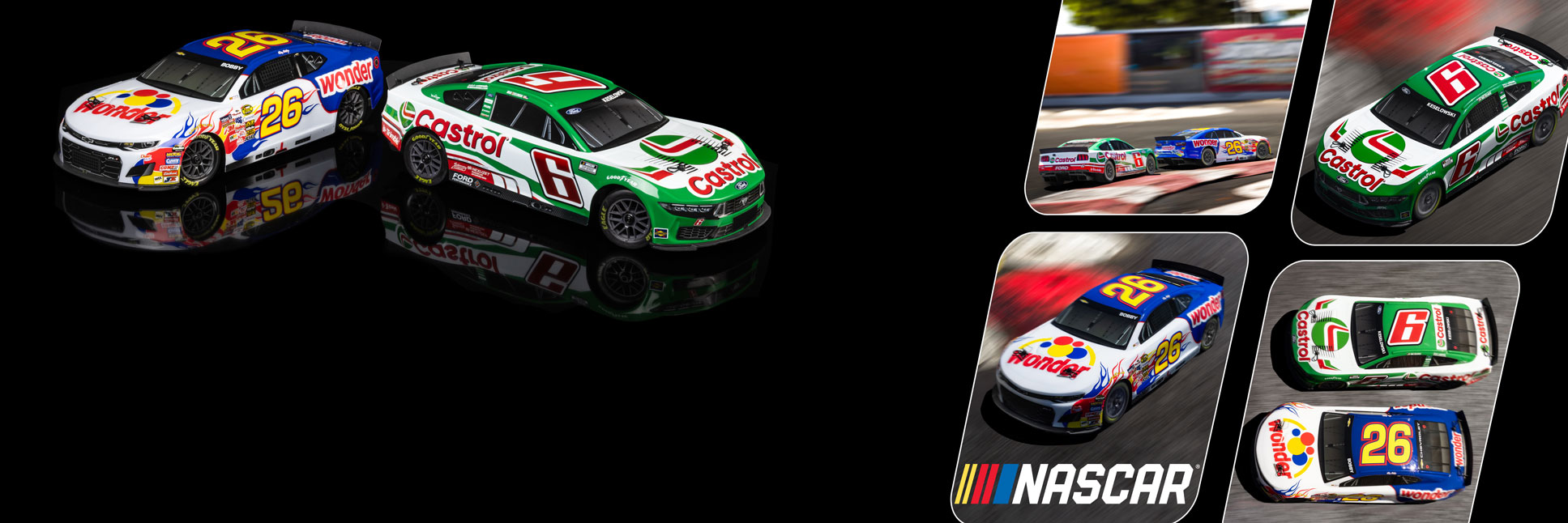 Action shot of the 1/12 Losi NASCAR Ricky Bobby No. 26 2026 Wonder Bread Chevrolet and Brad Keselowski No. 6 2026 Castrol Ford Mustang racing on the asphalt track Action shot of the 1/12 Losi NASCAR Ricky Bobby No. 26 2026 Wonder Bread Chevrolet and Brad Keselowski No. 6 2026 Castrol Ford Mustang racing on the asphalt track