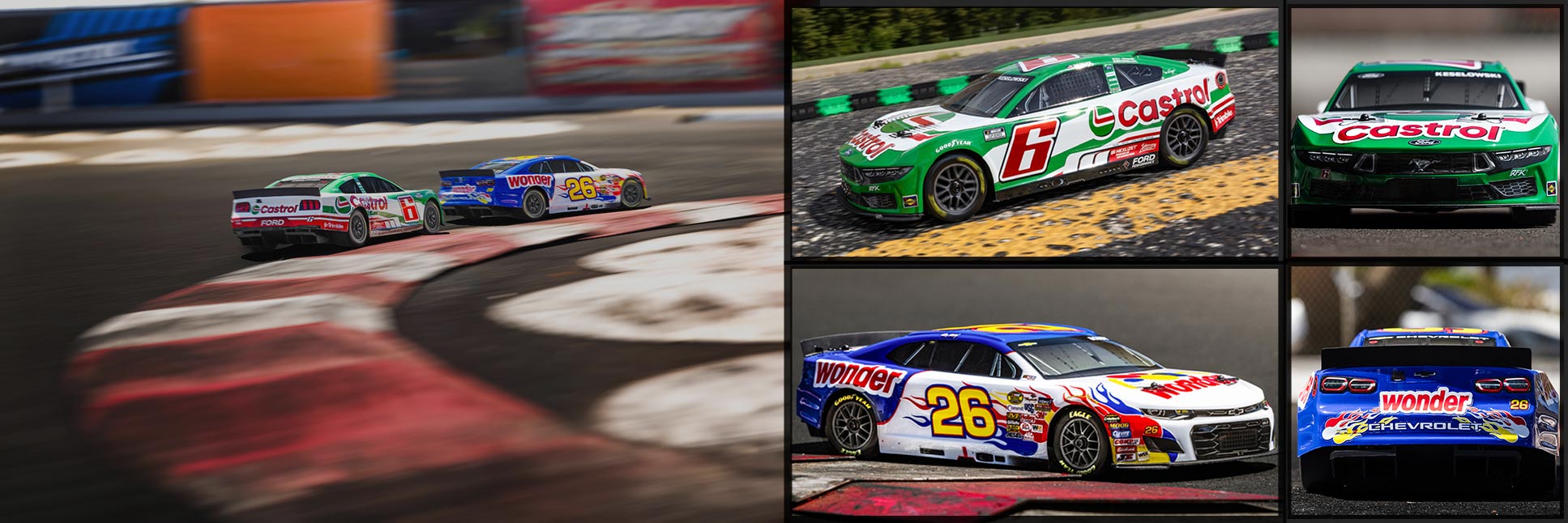 Action shot of the 1/12 Losi NASCAR Ricky Bobby No. 26 2026 Wonder Bread Chevrolet and Brad Keselowski No. 6 2026 Castrol Ford Mustang racing on the asphalt track